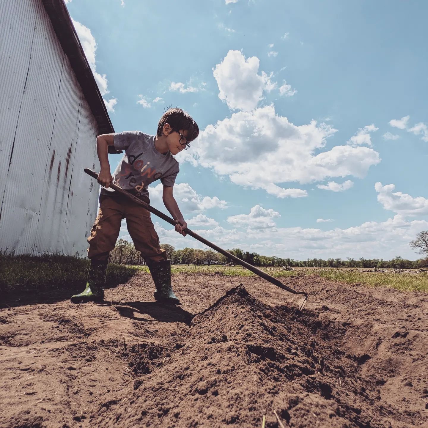 A young boy wearing glasses and a t-shirt is digging in a garden with a hoe on a sunny day. He stands on freshly turned soil, surrounded by green grass and a blue sky filled with clouds. A barn is visible in the background.