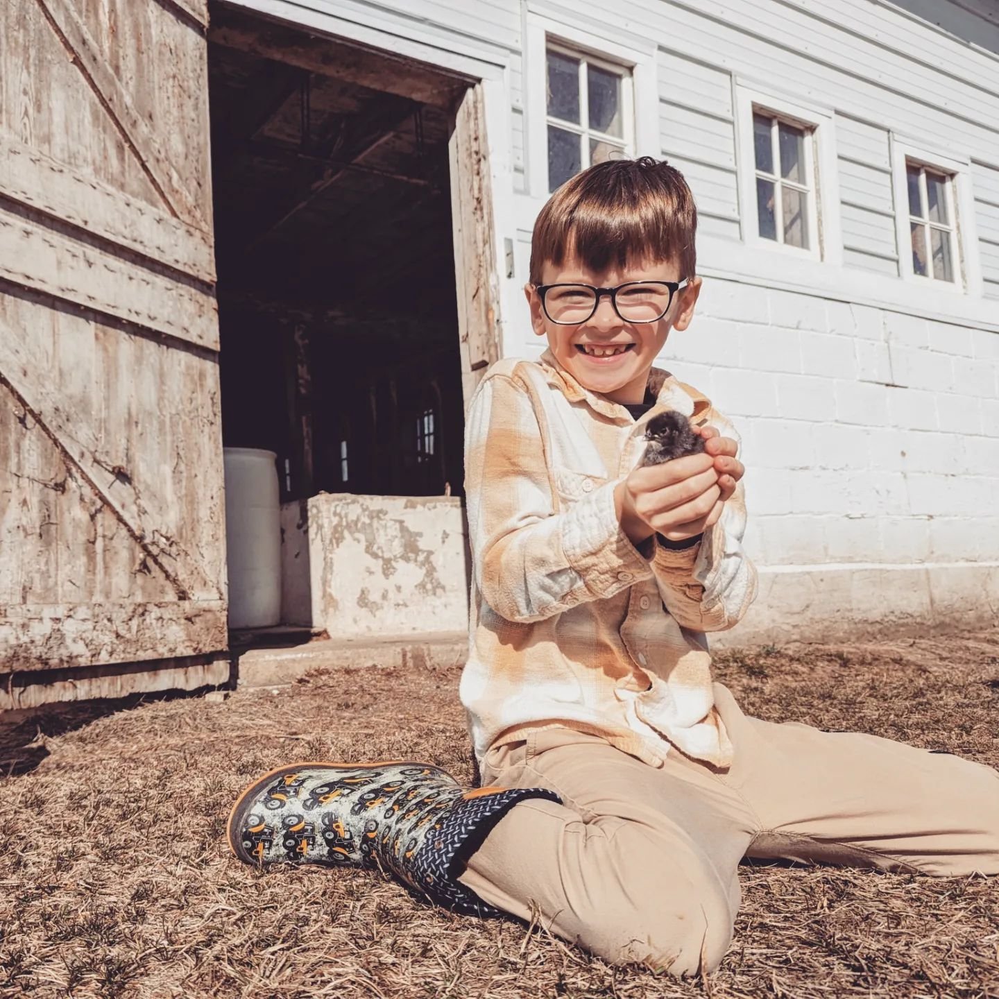 Young boy smiling while sitting outside a barn, holding a small animal in his hands. He is wearing a plaid shirt and colorful rain boots, with a rustic barn door in the background. The scene captures a joyful moment in a farm setting, emphasizing childhood and connection with animals.